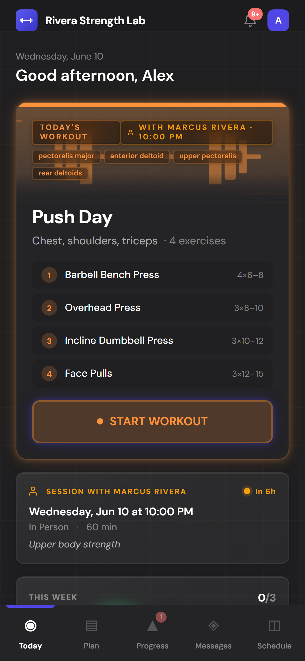 The client app, branded with the trainer's logo and color