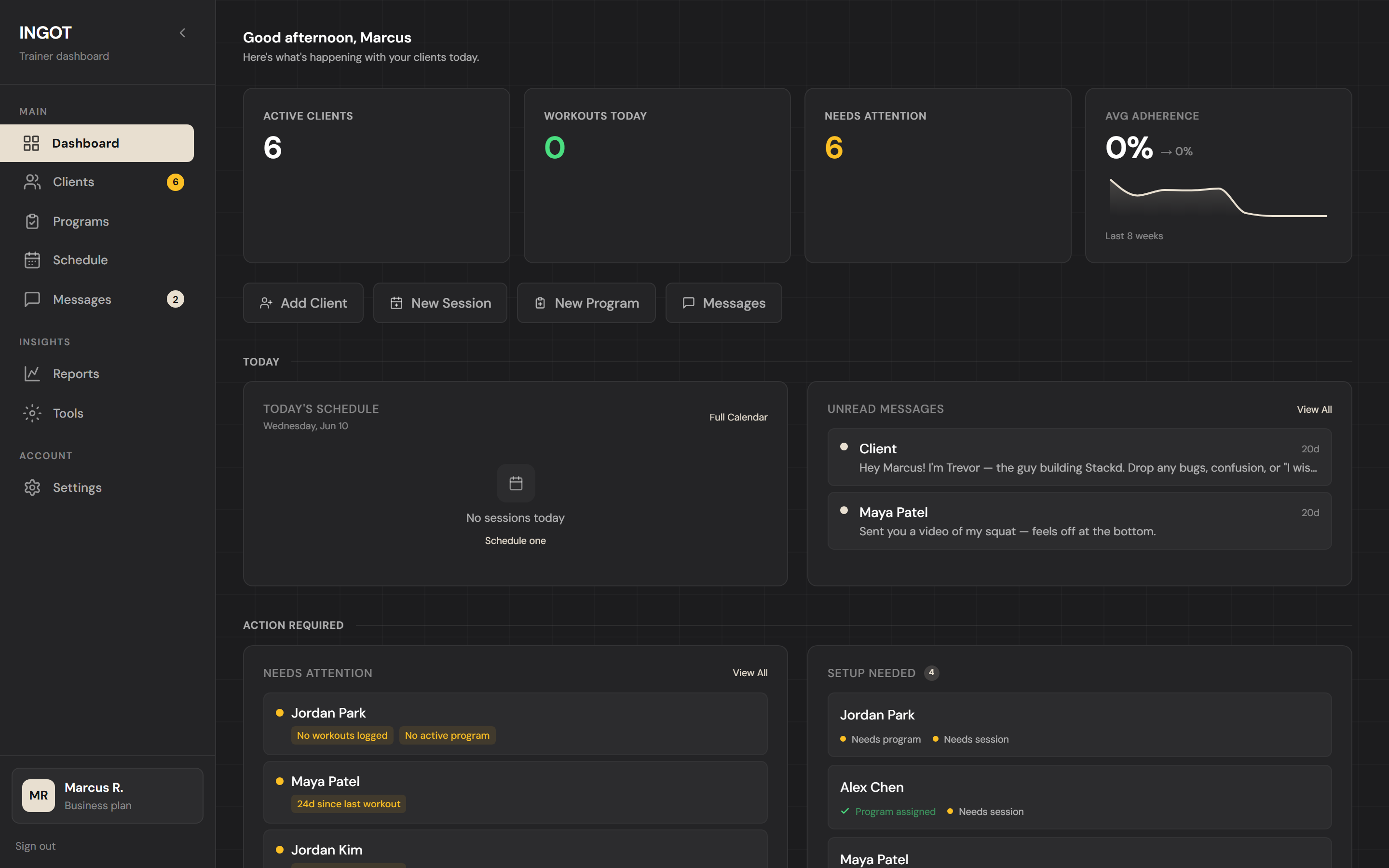 The INGOT trainer dashboard — every client, program, and message at a glance