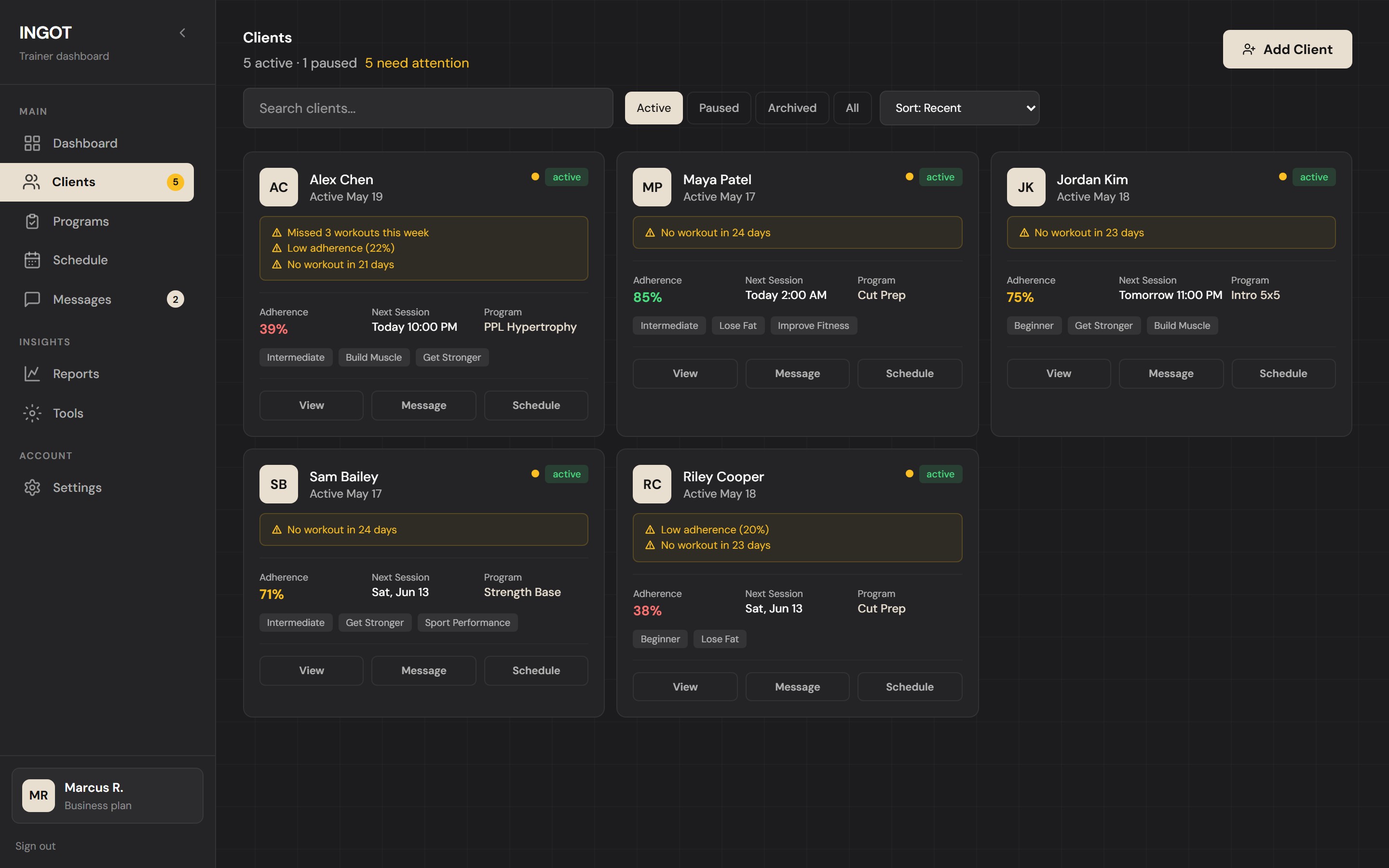 Clients list — adherence, programs, and who needs attention